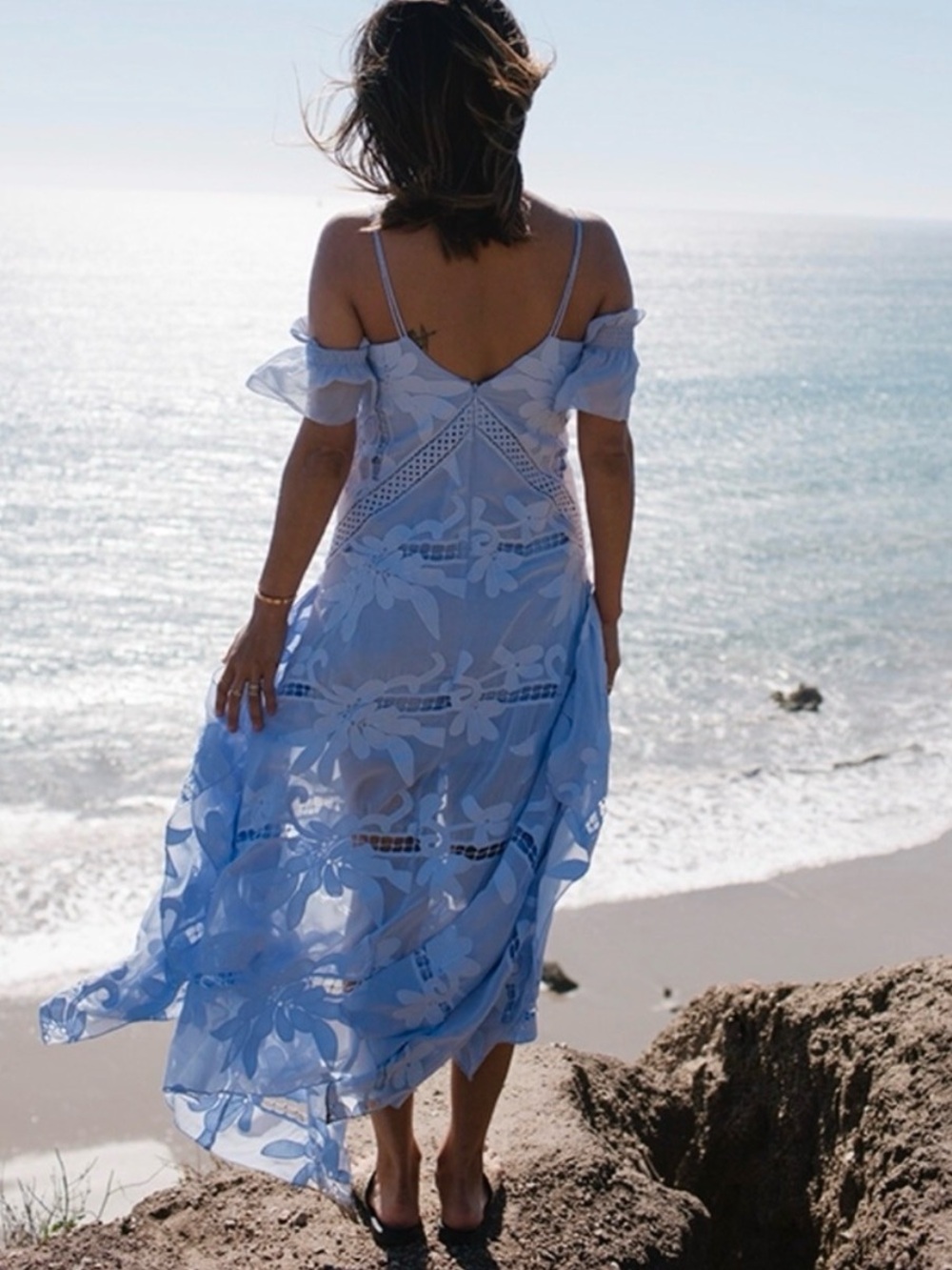 Self-Portrait Light Blue Floral Embroidered Off-Shoulder Maxi Dress